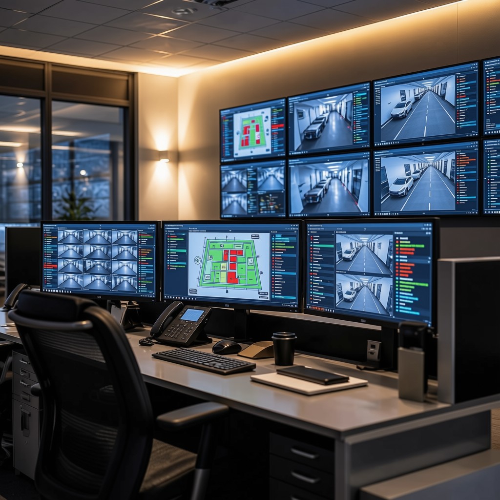Sala de monitoreo de seguridad con múltiples pantallas de videovigilancia
